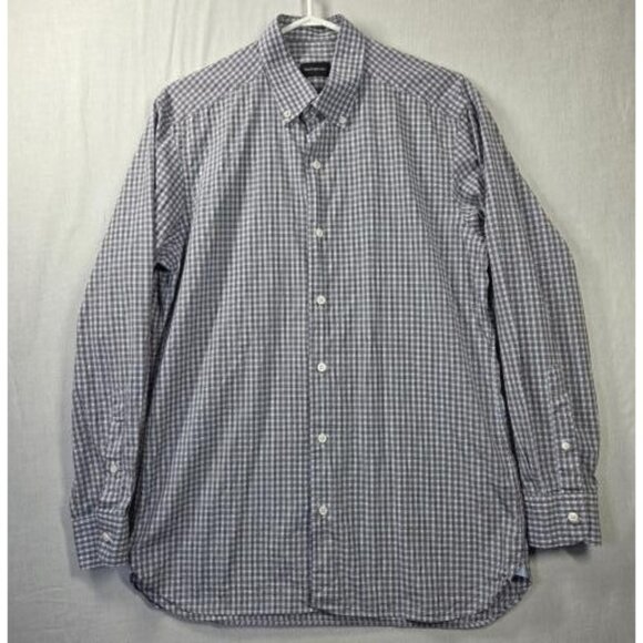 Ermenegildo Zegna Shirt Mens Medium Blue Brown Check Plaid Button Down Casual - Picture 1 of 10